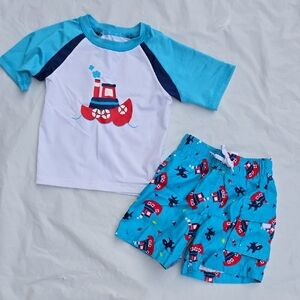 Wave Zone Toddler Boat Rash Guard & Swim Shorts Set - Turquoise, White, Red 18 M